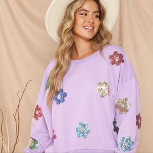 Peach Love CA The Lizzie McGuire Sequin Floral Top in Lavender